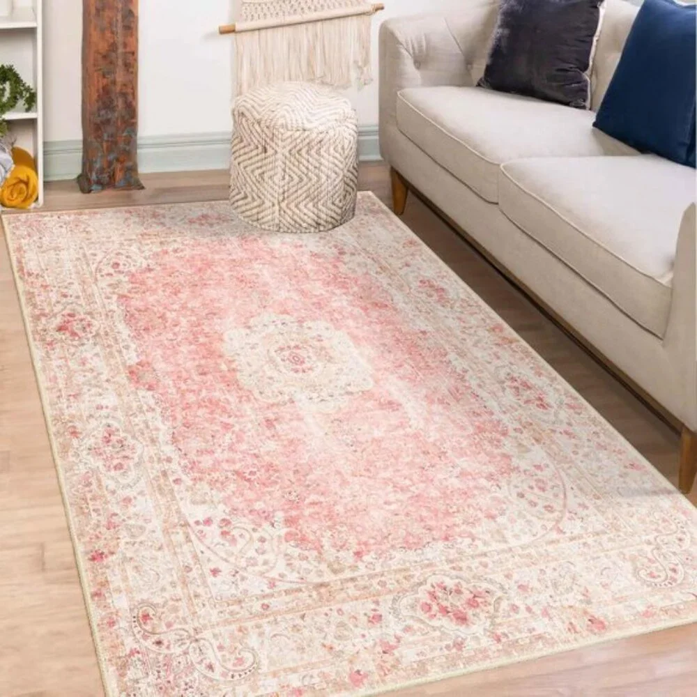 New 3x5 Pink Area Rug, Washable, Non-Slip Vintage Distressed Carpet for Bedroom